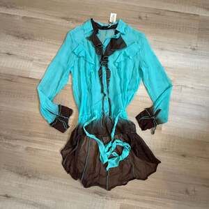 Vintage Silk Sonia Fortuna Turquoise Brown Ombre Ruffle Tunic Blouse Size Small